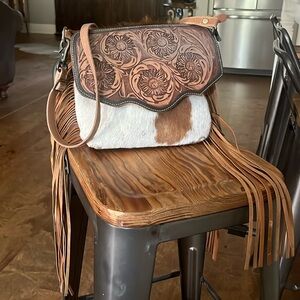 Myra Fringe Cowhide Blossom Hand-Tooled Bag